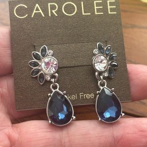 Carolee Crystal & Blue Rhinestone Pierced Earrings NEW on Card